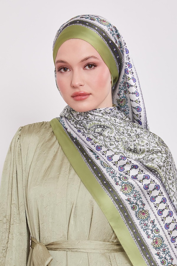 LevidorFıstık Yeşili Mini Çiçek Hint İpeği Şal