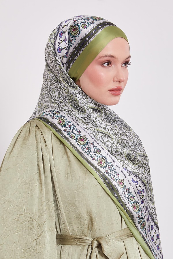 LevidorFıstık Yeşili Mini Çiçek Hint İpeği Şal