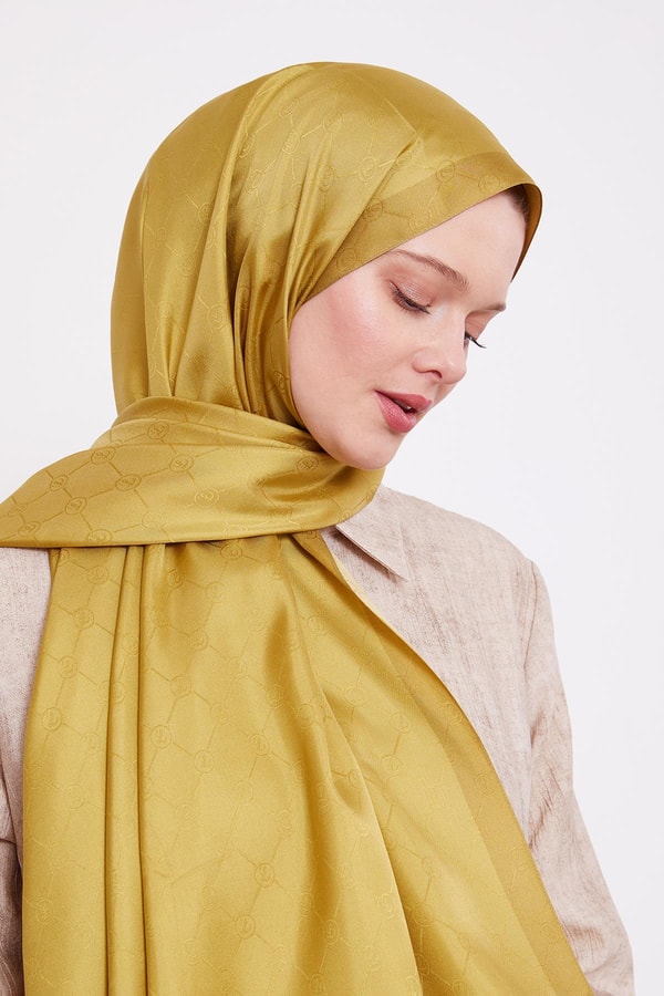 LevidorFıstık Yeşili Petek Desen Monogram İpek Şal