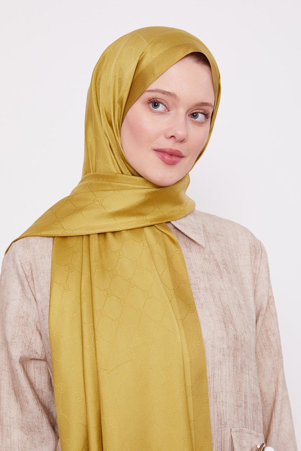 LevidorFıstık Yeşili Petek Desen Monogram İpek Şal