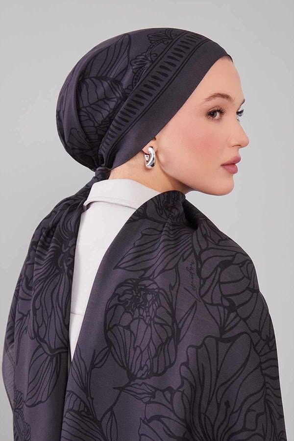 LevidorFüme Çiçek Desenli Yün İpek Şal