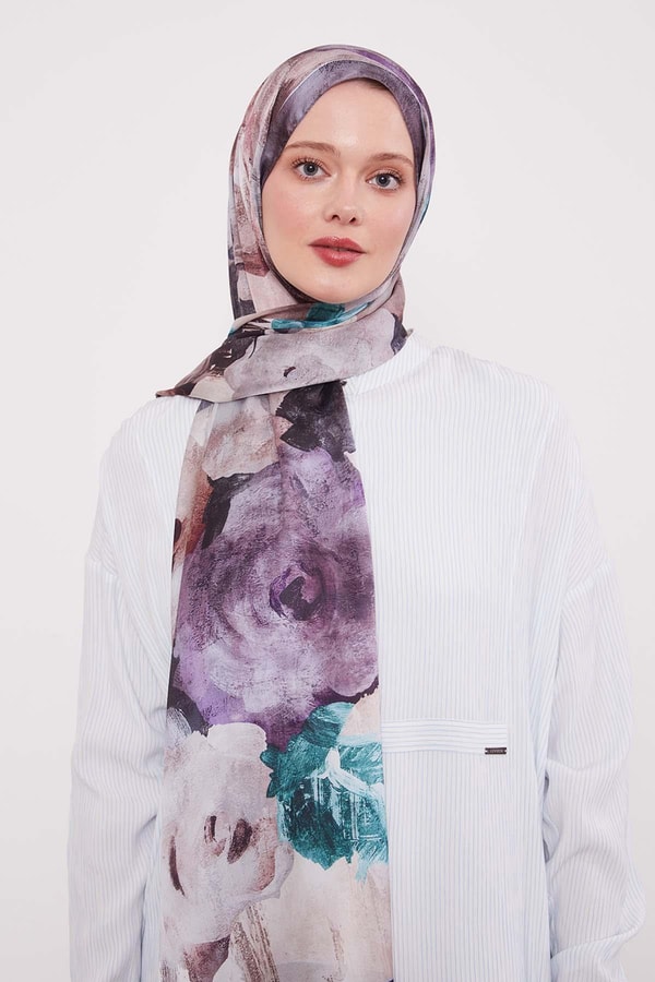 LevidorFüme Soyut Çiçek Desen Hint İpeği Şal