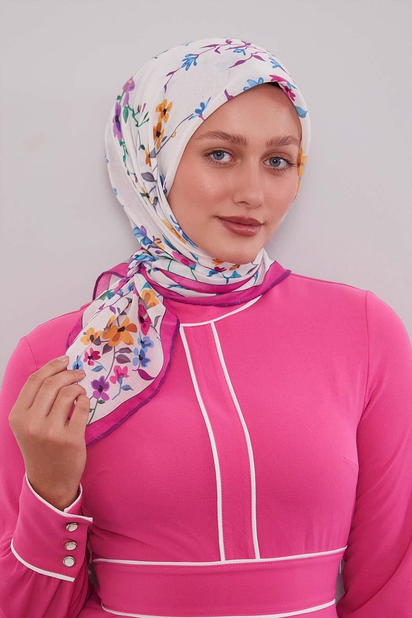 LevidorFuşya Çiçek Dalı Desen Soft Eşarp