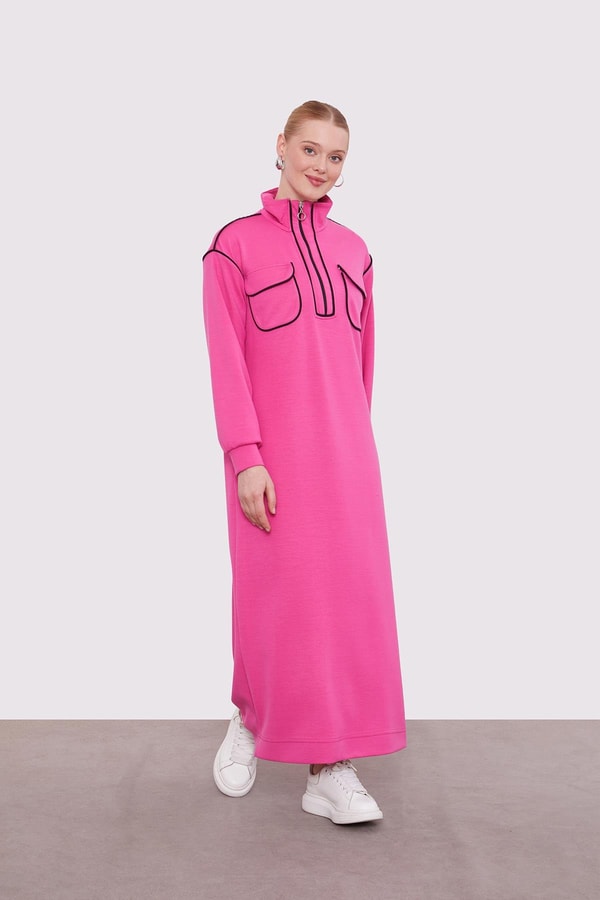 LevidorFuşya Çizgi Cep Detaylı Elbise