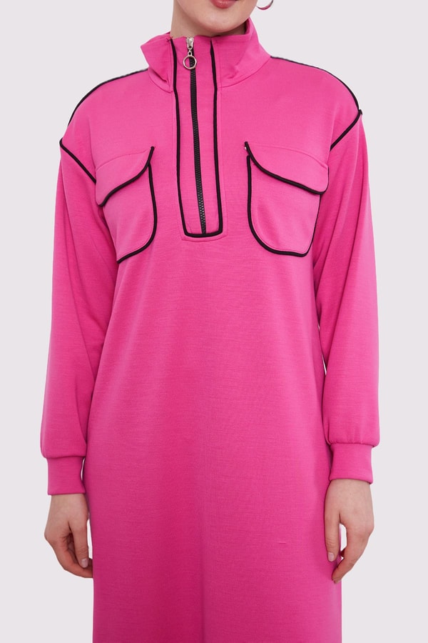 LevidorFuşya Çizgi Cep Detaylı Elbise