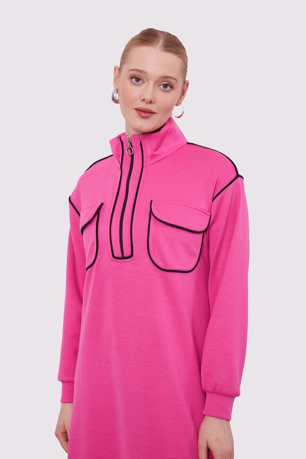 LevidorFuşya Çizgi Cep Detaylı Elbise