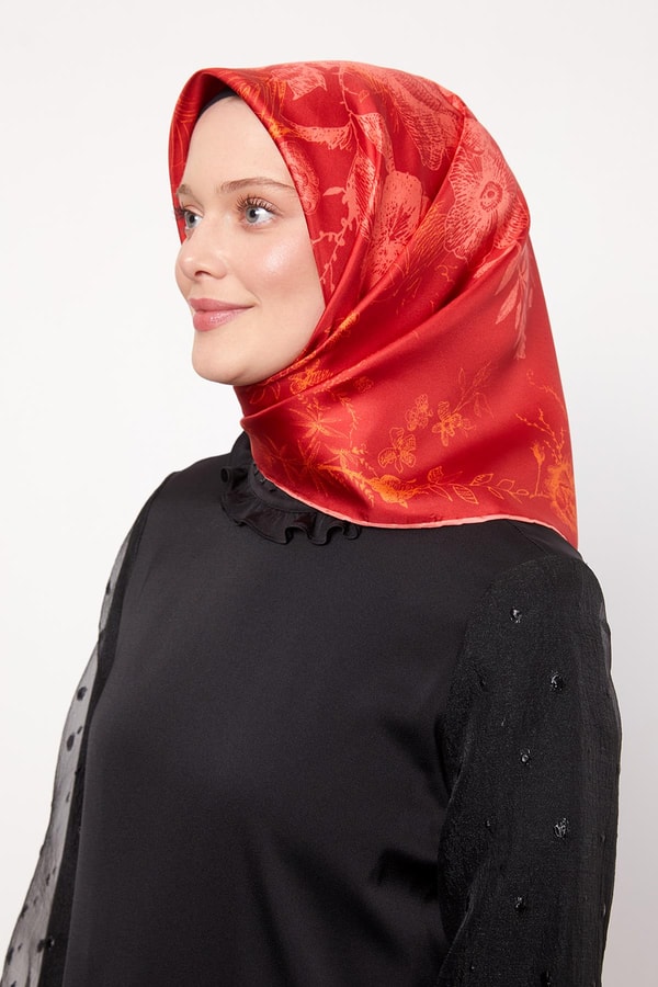 LevidorFuşya Soyut Gül Desen Twill İpek Eşarp