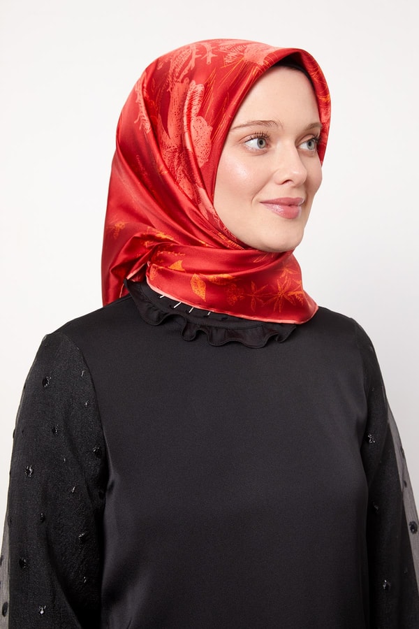 LevidorFuşya Soyut Gül Desen Twill İpek Eşarp