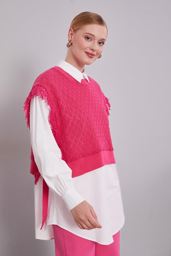 LevidorFuşya Triko Yelekli Gömlek İkili Takım