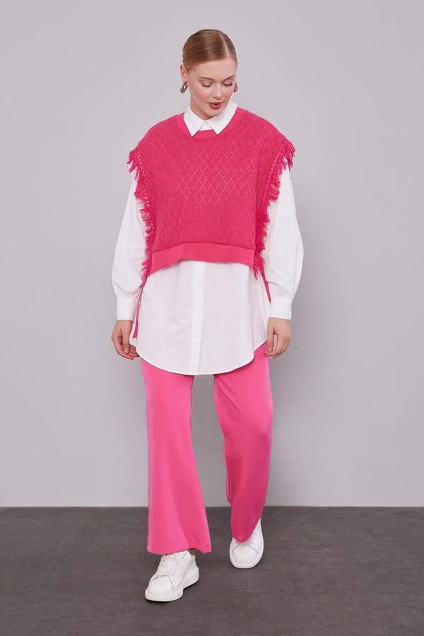 LevidorFuşya Triko Yelekli Gömlek İkili Takım