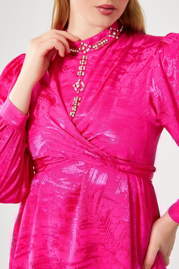 LevidorFuşya Yaka İşlemeli Jakarlı Kumaş Pantolon Takım