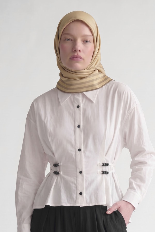 LevidorGold Üç Çizgi Detaylı Twill İpek Eşarp