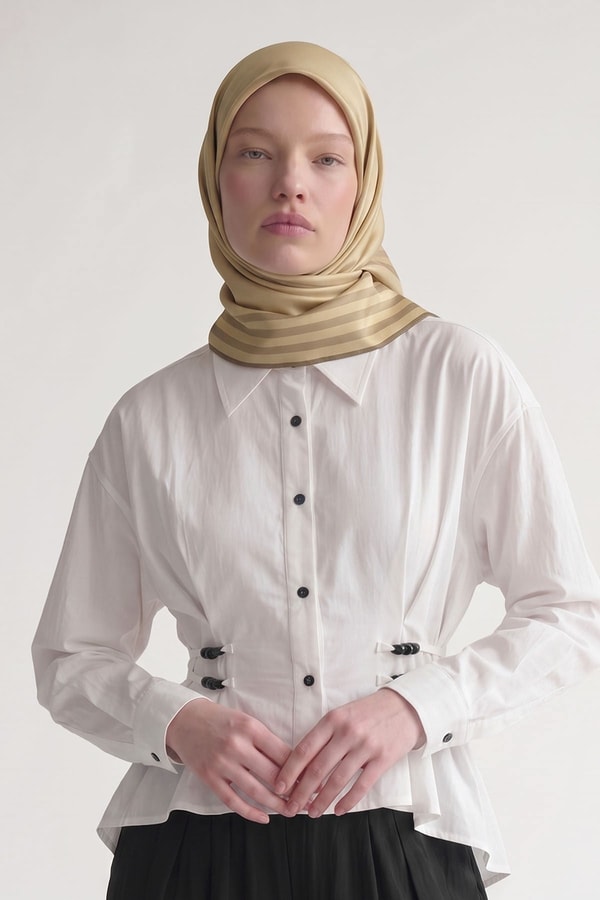 LevidorGold Üç Çizgi Detaylı Twill İpek Eşarp