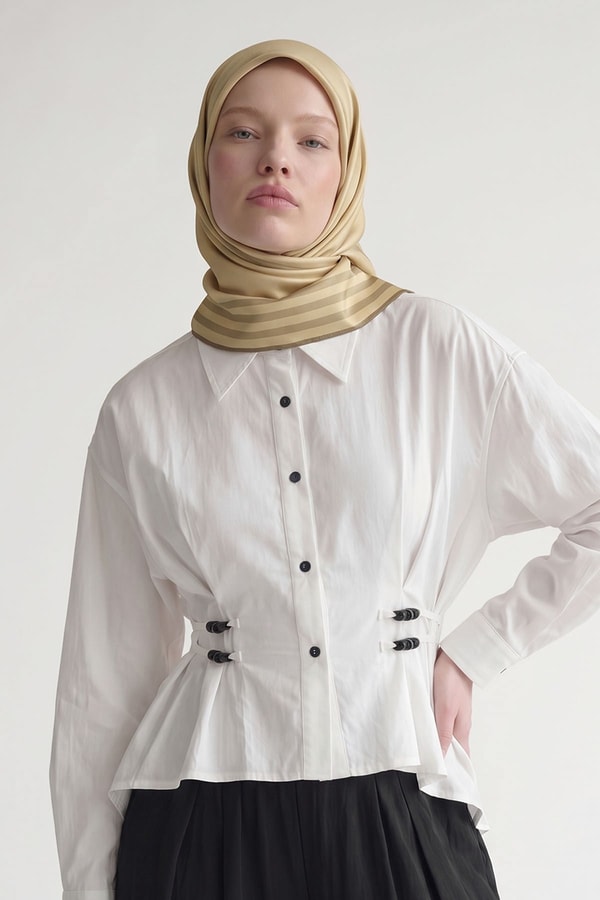 LevidorGold Üç Çizgi Detaylı Twill İpek Eşarp
