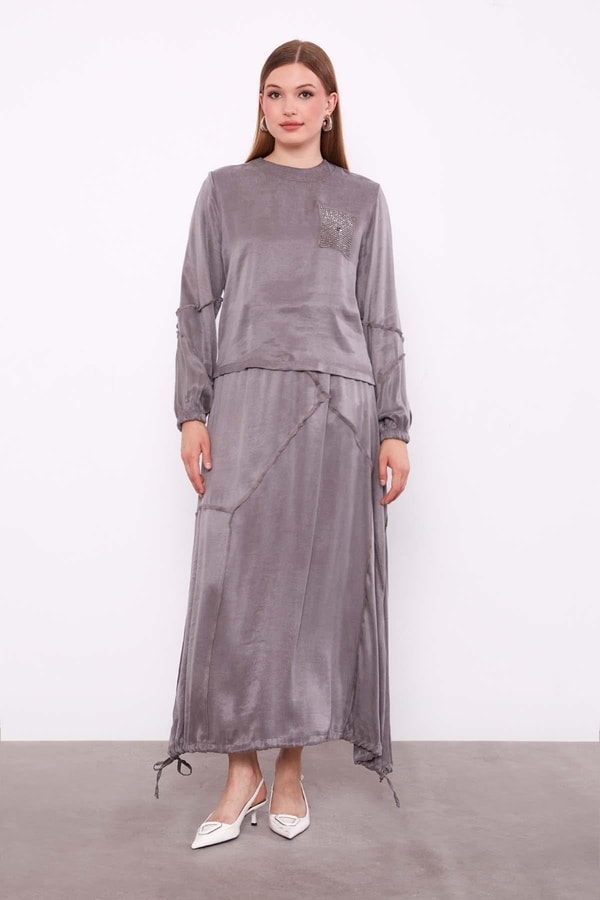 LevidorGri Asimetrik Fırfır Detaylı Cupra Etek Takım