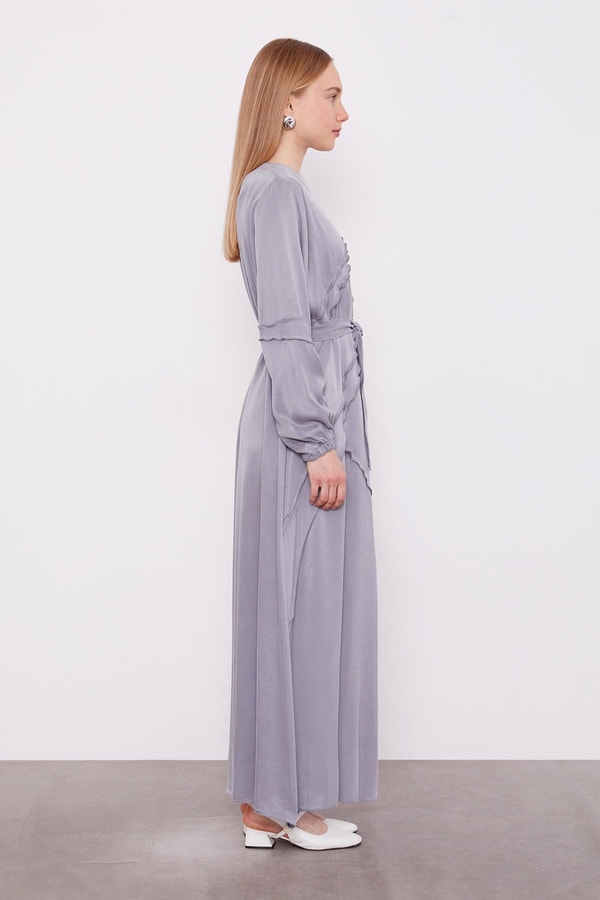 LevidorGri Bağlamalı Dikiş Detaylı Cupra Elbise