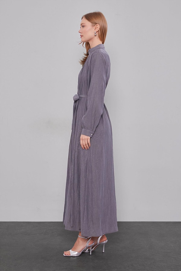 LevidorGri Bel Bağlamalı Pile Detaylı Cupra Elbise