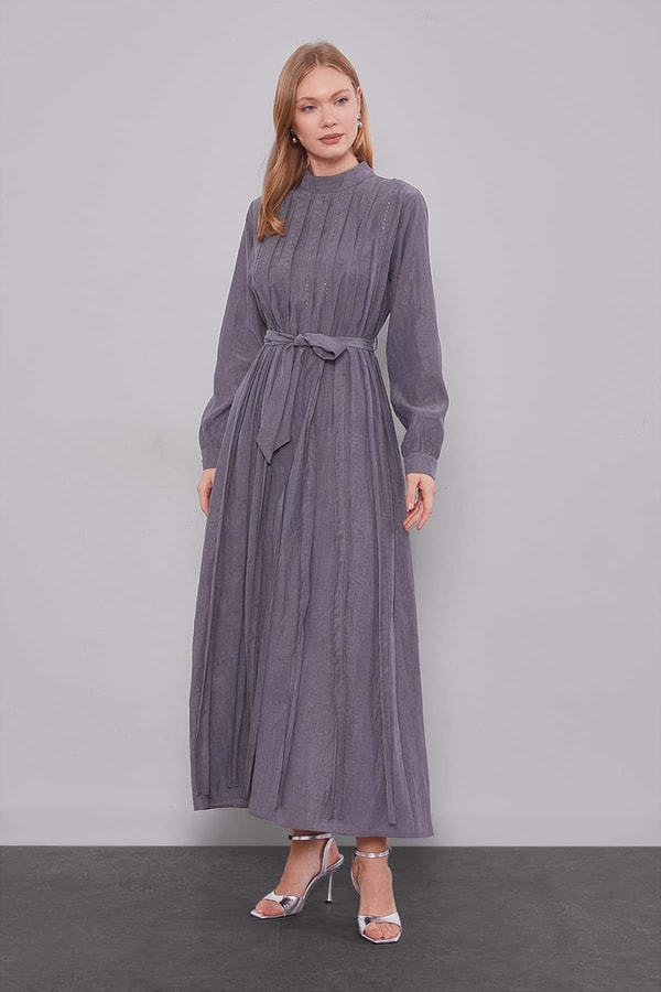 LevidorGri Bel Bağlamalı Pile Detaylı Cupra Elbise