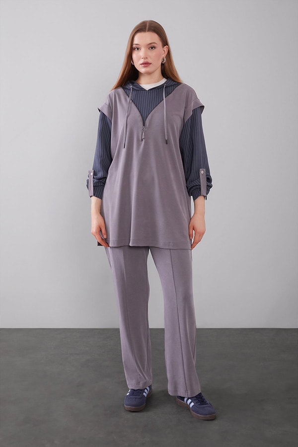 LevidorGri Çizgi Detaylı Kapüşonlu İkili Takım