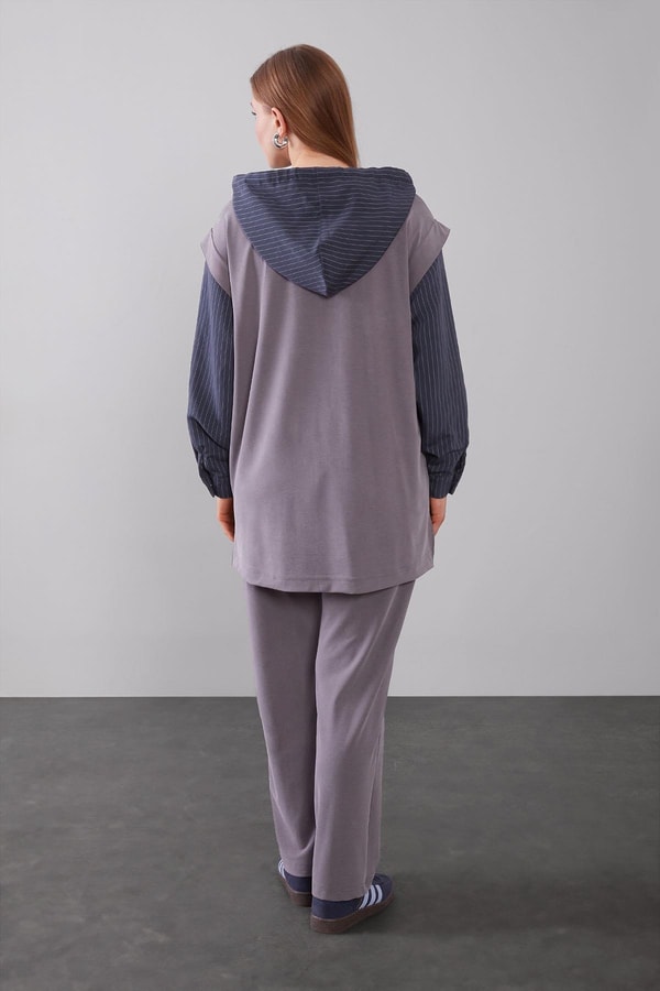 LevidorGri Çizgi Detaylı Kapüşonlu İkili Takım