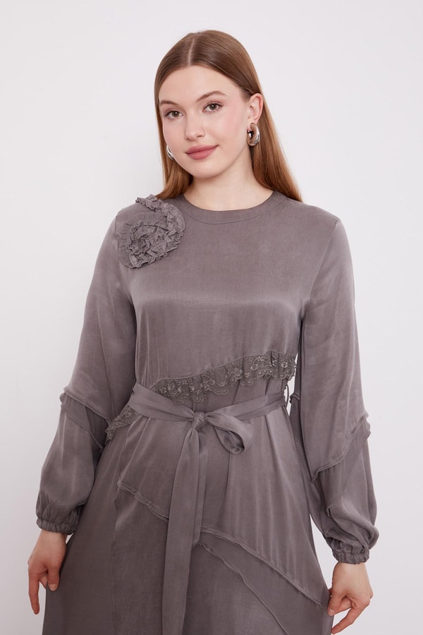 LevidorGri Dantel Şeritli Cupra Elbise