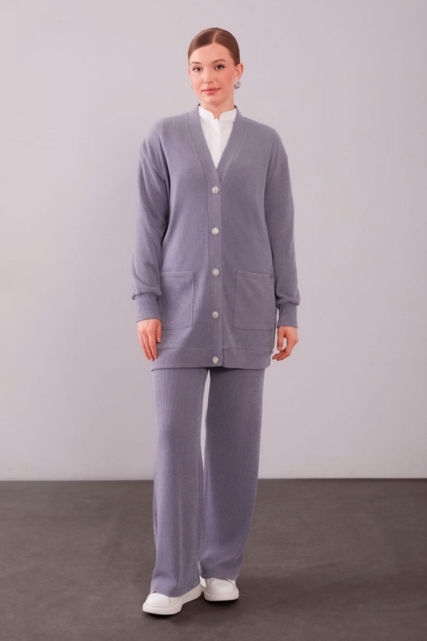 LevidorGri Desenli Hırkalı Triko Takım