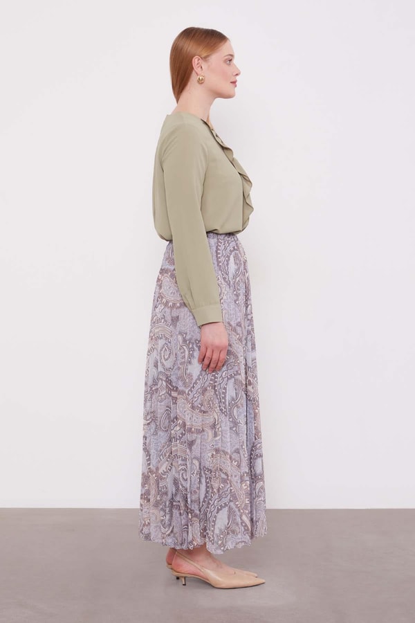 LevidorGri Etnik Desen Piliseli Etek