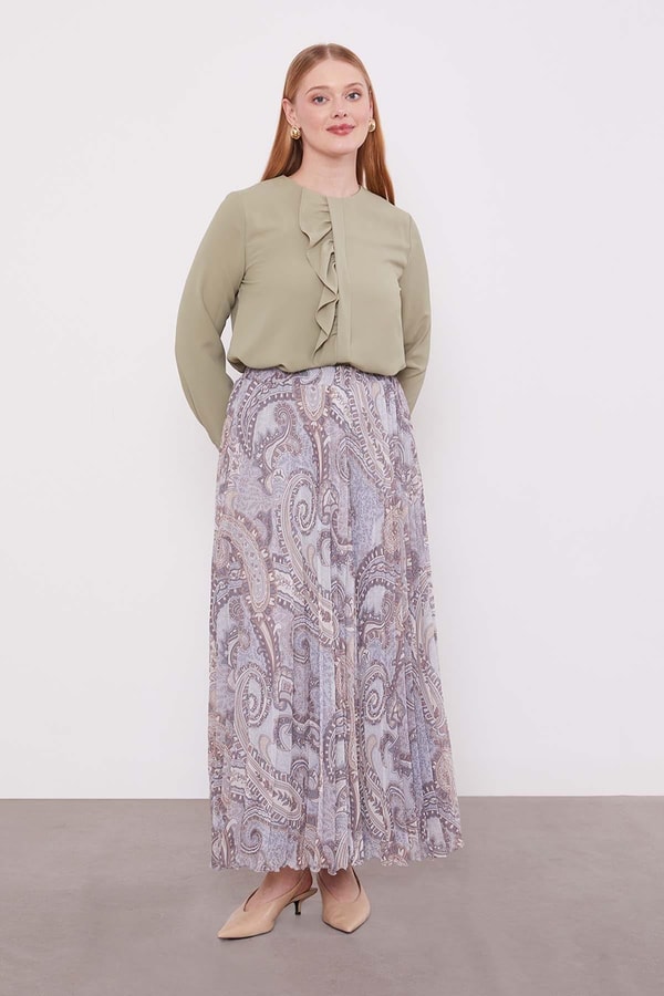 LevidorGri Etnik Desen Piliseli Etek