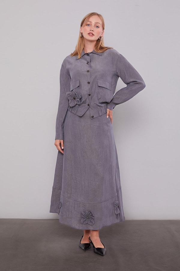 LevidorGri Gül Detaylı Cupra Etekli Takım