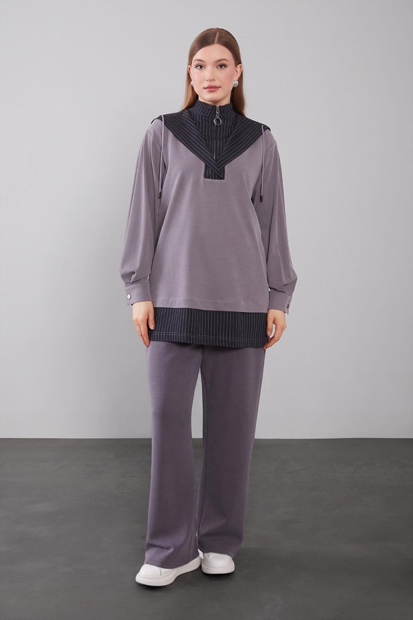 LevidorGri Kapüşonlu Çizgi Detay Sweat