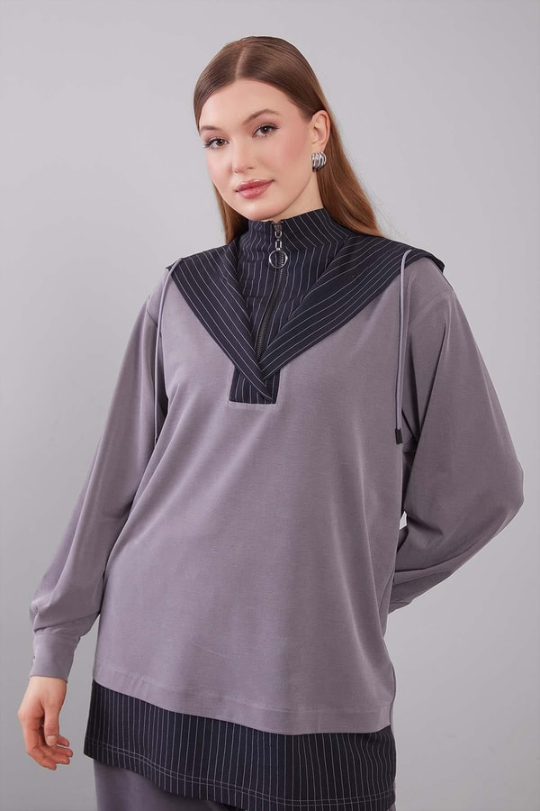 LevidorGri Kapüşonlu Çizgi Detay Sweat