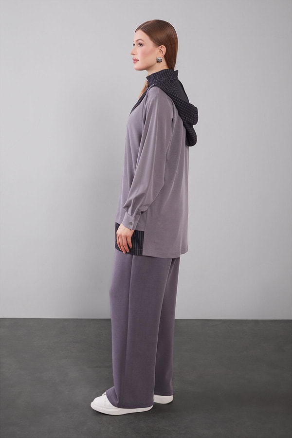 LevidorGri Kapüşonlu Çizgi Detay Sweat