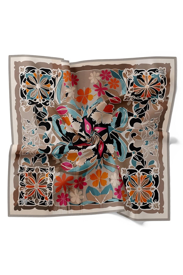 LevidorGri Karışık Çiçek Desen Twill İpek Eşarp