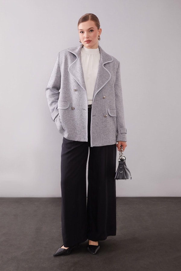 LevidorGri Kruvaze Kenar Şeritli Kaşmir Ceket