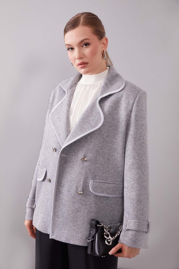 LevidorGri Kruvaze Kenar Şeritli Kaşmir Ceket