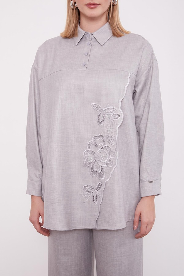 LevidorGri Nakış Gül Detaylı Tunik Takım