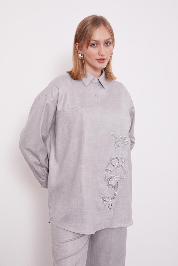 LevidorGri Nakış Gül Detaylı Tunik Takım