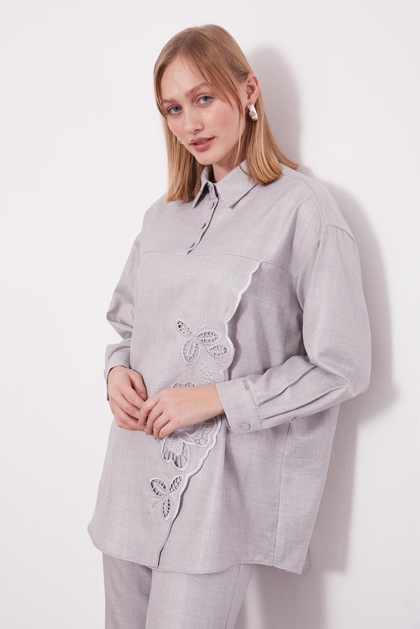 LevidorGri Nakış Gül Detaylı Tunik Takım