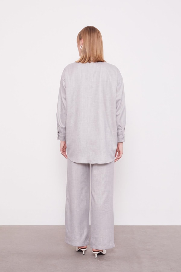 LevidorGri Nakış Gül Detaylı Tunik Takım