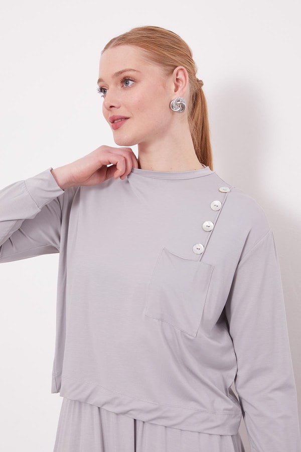 LevidorGri Omuz Düğme Detaylı Etek Takım