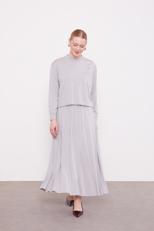 LevidorGri Omuz Düğme Detaylı Etek Takım