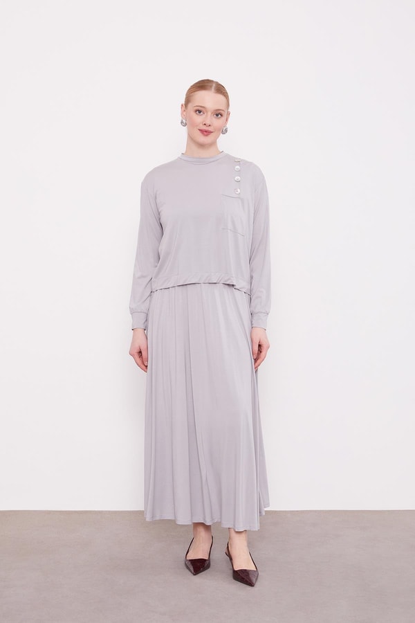 LevidorGri Omuz Düğme Detaylı Etek Takım