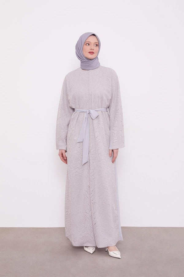 LevidorGri Payet İşlemeli Kuşaklı Ferace