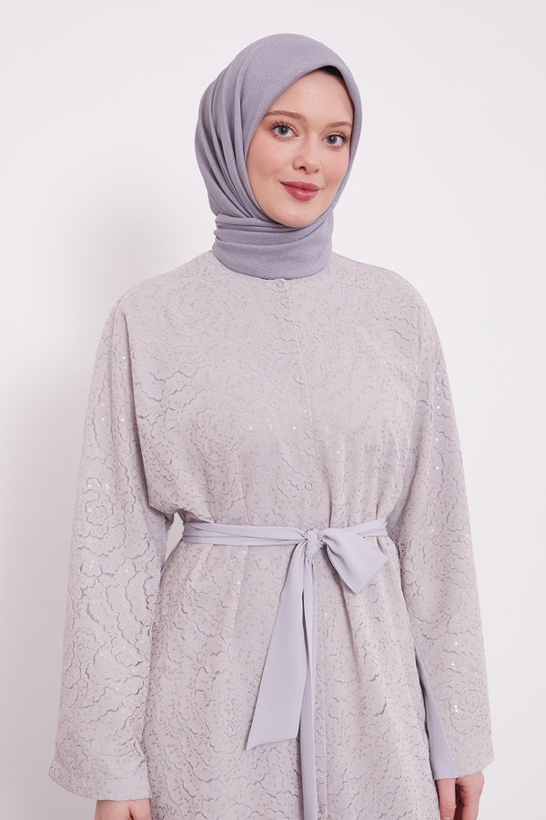 LevidorGri Payet İşlemeli Kuşaklı Ferace