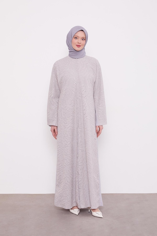 LevidorGri Payet İşlemeli Kuşaklı Ferace