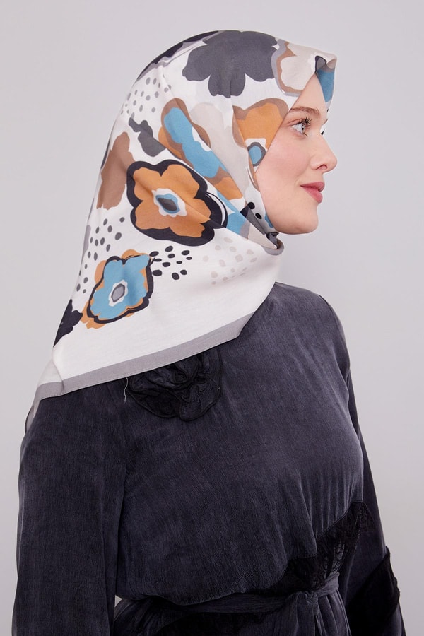 LevidorGri Soyut Çiçek Desen Aura Eşarp