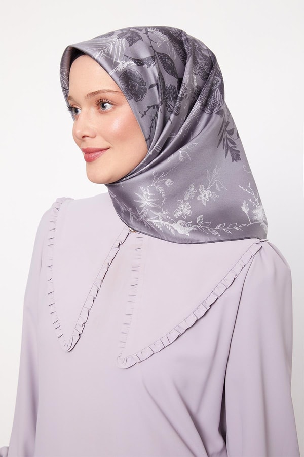 LevidorGri Soyut Gül Desen Twill İpek Eşarp