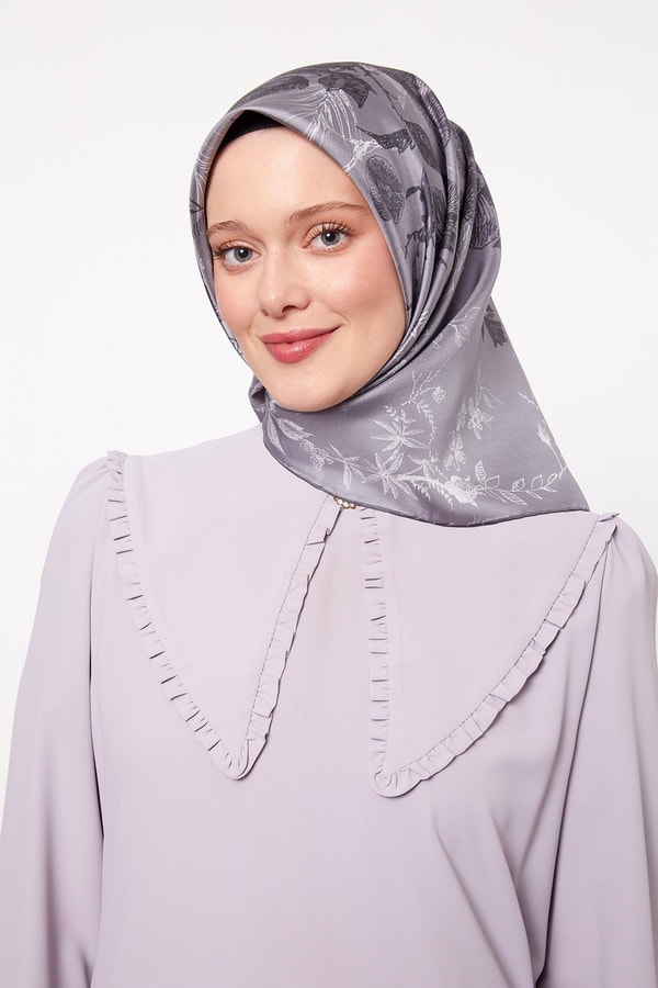 LevidorGri Soyut Gül Desen Twill İpek Eşarp