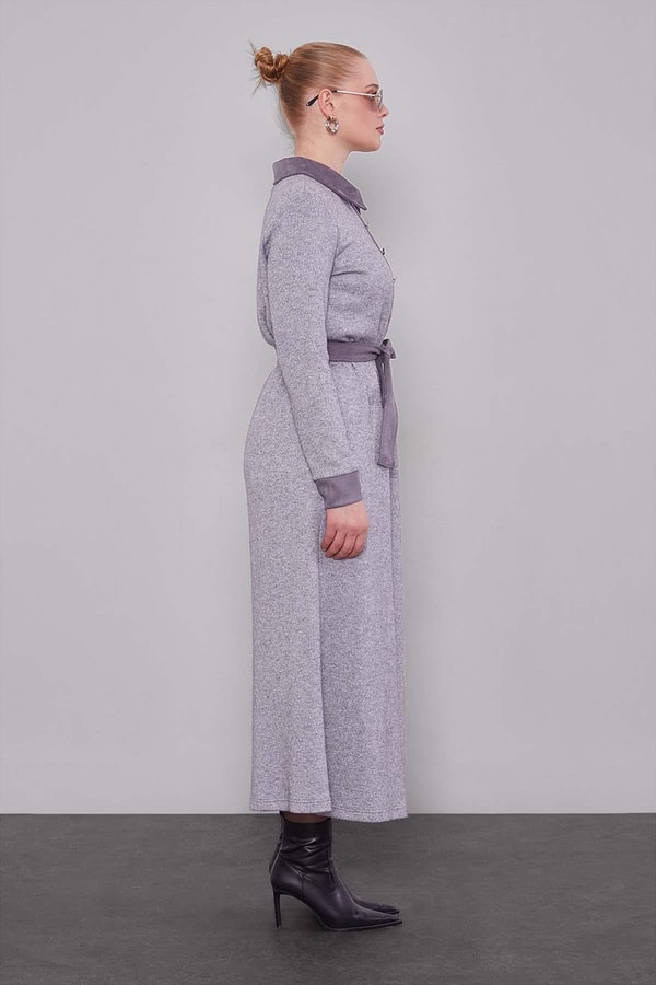 LevidorGri Süet Garnili Kaşmir Elbise