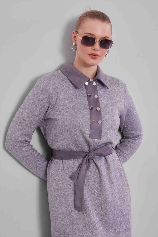 LevidorGri Süet Garnili Kaşmir Elbise